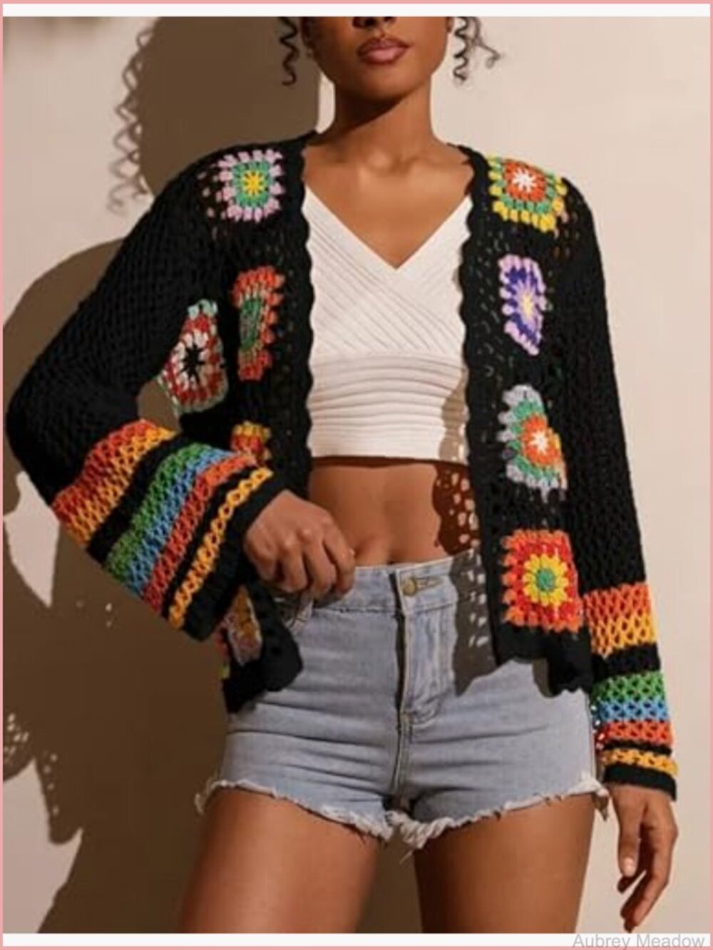 Women's Floral Crochet Cardigan Hollow Out Long Sleeve Open Front Sweater Y2K - Picture 2 of 3